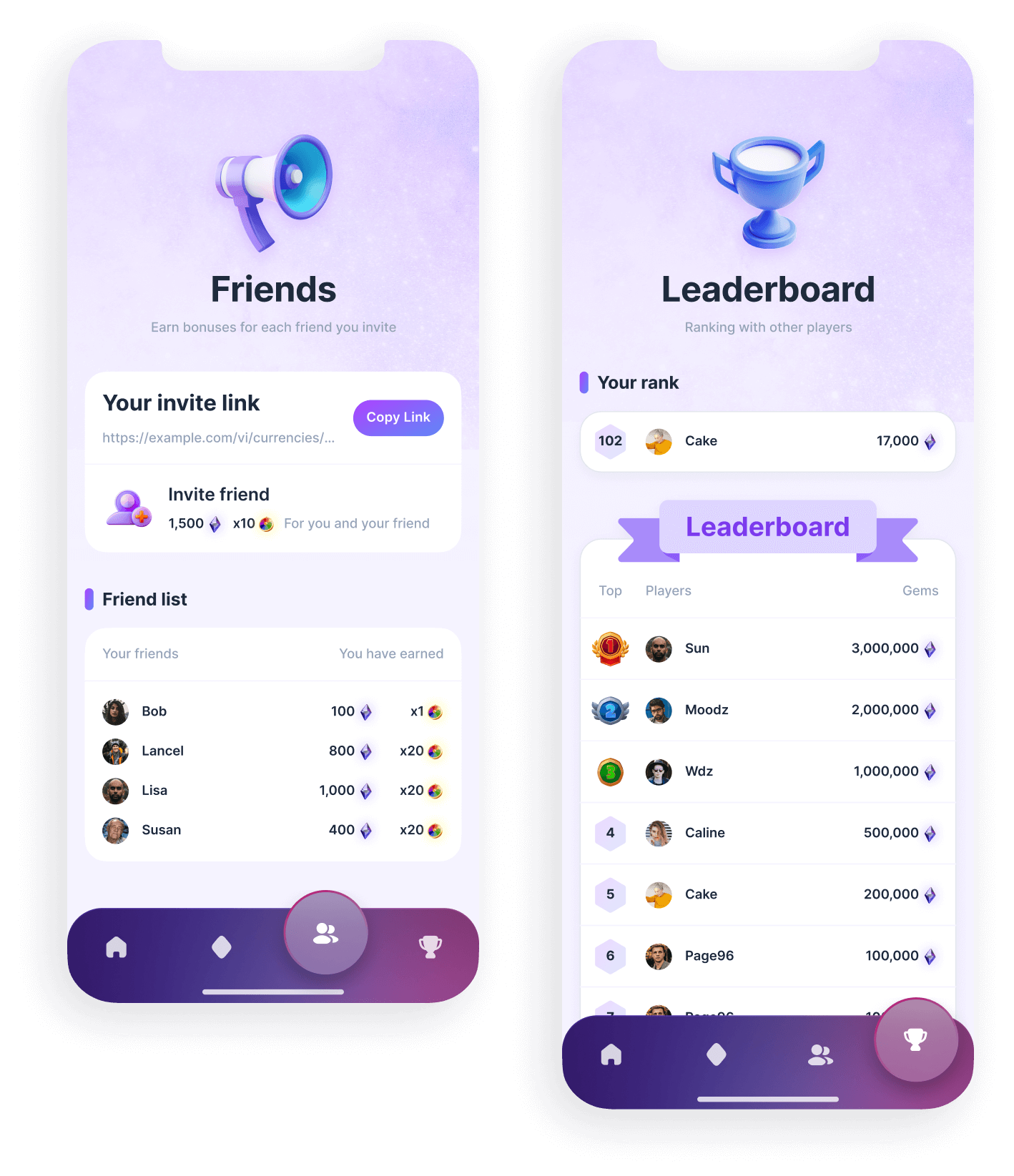 Friends and Leaderboard pages designs
